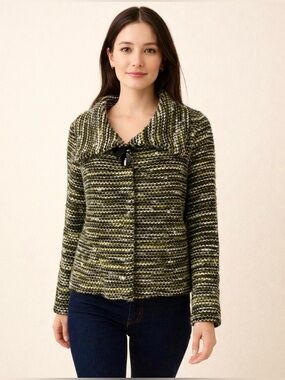 Textured Knit Jacket • Black, Cream & Green • Retro 60s-Inspired • Petite S–M
